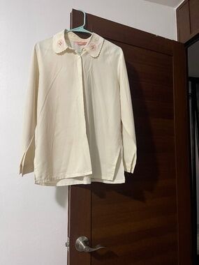 Embroidered Collar Blouse | Vintage Inspired Coquette Top | Cream Long Sleeve
